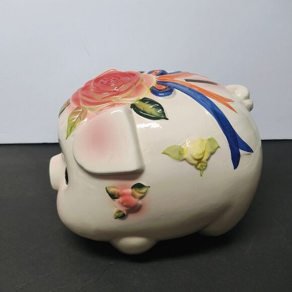 Piggy Bank Kitschy Cute Floral Big Eyed and slightly angry little Pink Pig - Picture 4 of 11